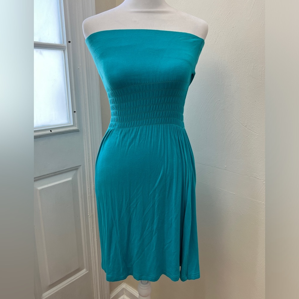 Bebe Sport Strapless Mini Dress in Blue. Size XS